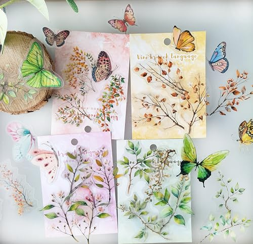 Scrapbooking Journal Zubehör Scrapbook Stickers,PET Pflanzen Schmetterling Serie Scrapbook Zubehör Sticker für Fotoalbum,Notebook,Journaling(Branches and Butterflies)