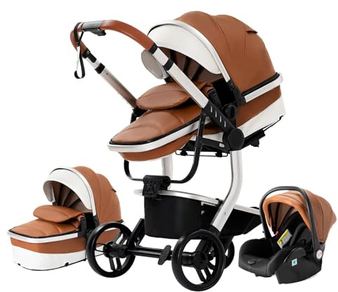NADDLILY PU-Leder Kinderwagen 3 in 1, umkehrbarer Zweirichtiger Schub, Komplettes Set mit Zubehör für Hohe Landschaft, faltbarer One-Click-Design (518 Khaki)