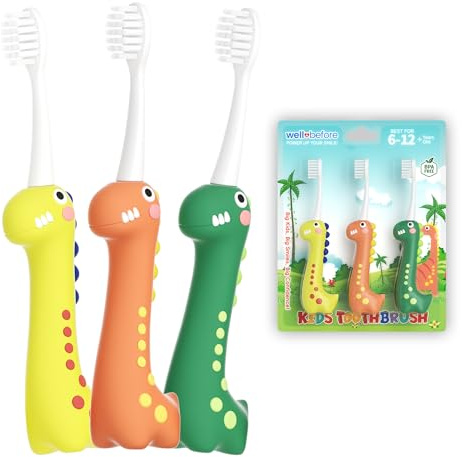 Well Before Dinosaur Kids Toothbrush, 0.12mm Soft Filament Toddler Toothbrush for Kids 6-12 Make Brushing Fun and Protect Kids Delicate Teeth (Pack of 3)
