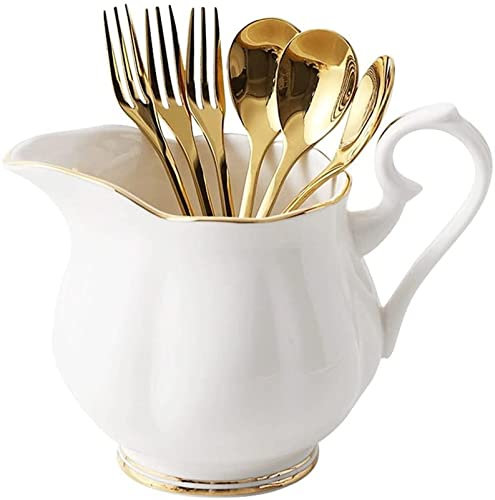 Teaspoons Stainless Steel Fork Spoon Cutlery Set with Ceramic Storage Jar Silverware Set, for Family Hotel/Dessert Fork/Salad Forks/Fruit Fork Spoons for Spices(3 forks+3 spoons+pure white cans)