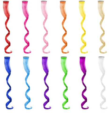 Dcsfadq Wellenförmig Haarsträhnen, Bunte Clip-in Haarsträhnen 20 Zoll Lockige Party Zubehör für Mädchen Frauen Halloween Cosplay Karneval Haarteile (12 PCS Regenbogenfarben)
