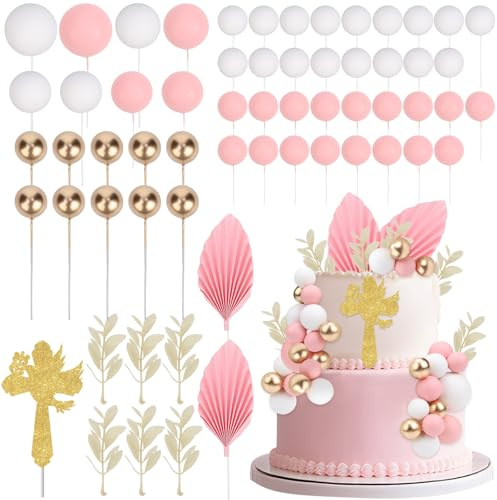 CORNER LACE 61Pcs Christening Cake Decorations - Pink Gold White Ball Dessert Picks Mini Balloons Foam Balls Cross Artificial Leaves Cupcake Toppers, Baby Shower Wedding Birthday Party Cake Supplies
