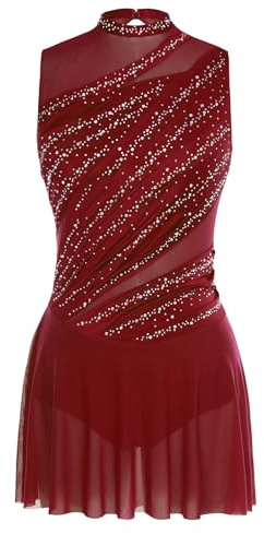 Miutii Eiskunstlauf Kleid Damen Rollschuhkleid Eislaufkleid Glitzer Ballettkleid mit Strass Lyrisch Tanzkleid Wettbewerb Tanzkostüm B Burgundy S