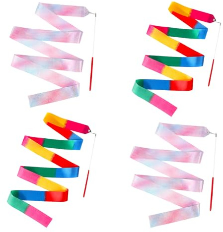 guduling 2m Tanzband mit Stab Kinder, 4 Stück Regenbogenfarben Tanzbänder Kinder, Gymnastikband mit Stab für Rhythmische Sportgymnastik,Tanztraining,Talentshow,Kindertanz,Künstlerische Zirkus