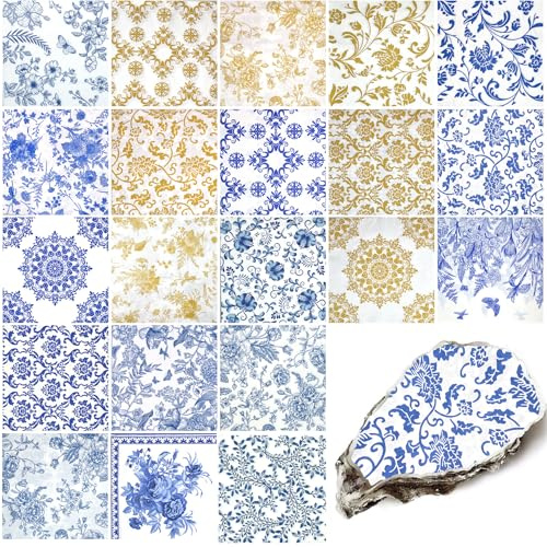 LSYAHCYY 21 Pack Assorted Floral Napkins Decoupage Decorative, Decoupage Napkins Cocktail Decorative Paper for Birthday Party Beautiful Gorgeous, 21 styles of decorative paper (Blue and Gold Floral)