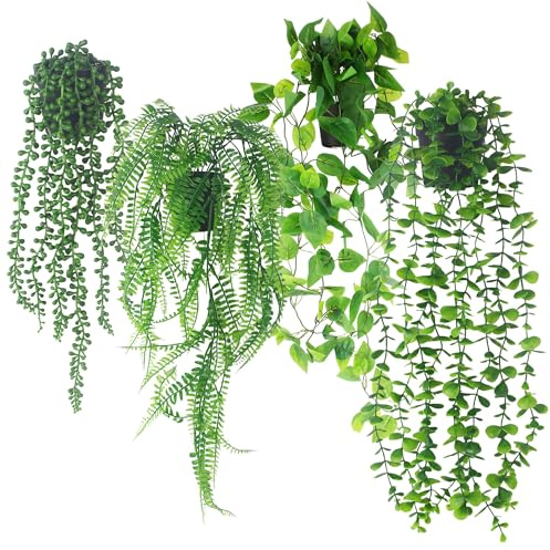 ACOMTUO 4 Piezas Planta Artificial Colgante, Planta Artificial con Macetas, Plantas Artificiales Decorativas Hiedra Artificial Exterior para Inicio Habitación Pared Estantería Interio