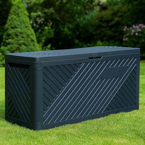Gr8 Garden 280 Litre Anthracite Plastic Storage Box With Lid Patio Deck Shed Plastic Utility Cushion Chest Wooden Wood Panel Effect Container Multibox Large Truck Indoor Outdoor Furniture