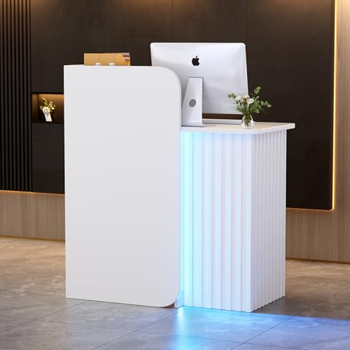 Mostrador de Recepción con iluminación LED Moderno Escritorio de Recepción Compacto Mueble de recepción con Cajón con cerradura Mostrador de Venta Pequeño Mostrador de Tienda Blanco 44*80*100CM