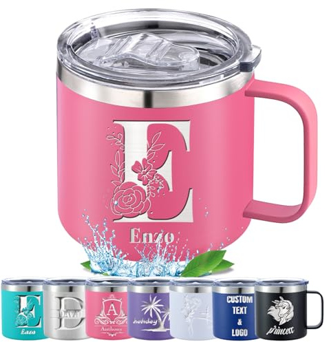 Tasse isotherme personnalisée avec logo, texte initial, 414 ml, tasse en acier inoxydable avec couvercle, gobelet isotherme à double paroi sous vide pour café et thé style 03