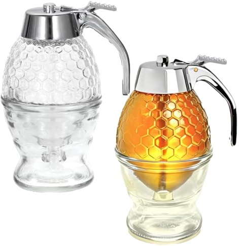 KFSCIP 2 PCS Honey Dispenser, Honey Dispenser with Honeycomb Syrup Design, Convenient Kitchen Accessory for Daily Use, Dimensions 8.3 x 10.0 x 15 cm, Includes Two Silver Sealed Jars