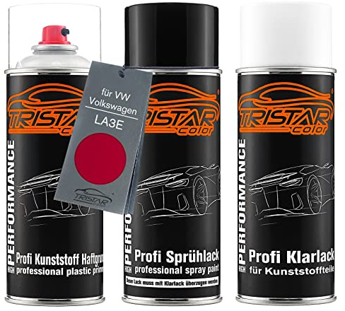TRISTARcolor Autolack Spray Kunststoff für VW/Volkswagen LA3E Kirschrot | Sprühdosen-Set für Stoßstange/Plastik, Kunststoff-Haftgrund + Basislack + Klarlack