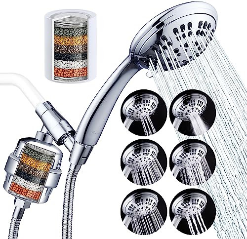 G-Promise Luxus gefilterter Handbrause, Duschset 6 Strahlarten Duschkopf mit effektivem Filter von 2 Kartuschen, verstellbare Metallhalterung, extra langer dehnbarer Schlauch, Chrom (Chrom mit Filter)