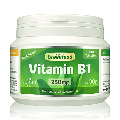 Vitamin B1, hochdosiert, 250mg - 180 Tabletten, vegan. Vitamin B 1 (Thiamin) - wichtig für für Nervensystem & Energiehaushalt. OHNE künstliche Zusätze - laborgeprüft. Von Greenfood.