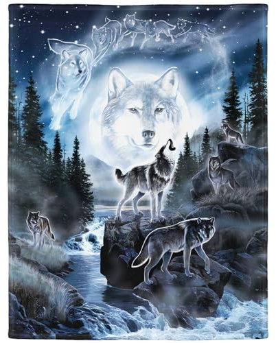 YISUMEI Decke 125x200 cm Kuscheldecken Sanft Flanell Weich Fleecedecke Bettüberwurf Mond Wolf