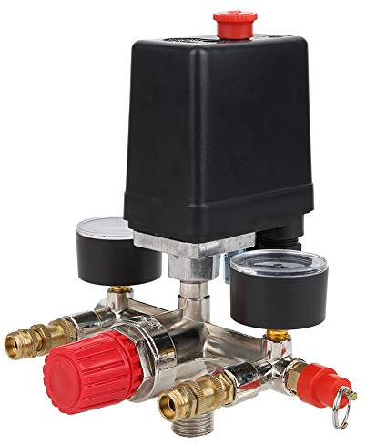 Pressure Switch Manifold Regulator for Air Compressor, Metric 90-120PSI Adjustable Double Outlet Tube Control Valve, Dual Horizontal Switch Gauges Normally Closed