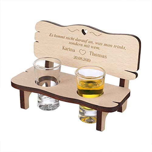 polar-effekt Hochzeitsbank personalisiert mit 2 Schnapsgläser - Geschenkidee aus Holz - personalisiertes Geschenk zur Hochzeit - Motiv Text