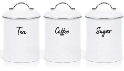 EHC Tea, Coffee, Sugar, Canister Set, Set of 3 Airtight Food Storage Easy to Open Storage Canisters Jars Tin, White