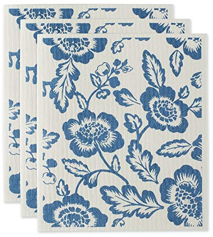 DII Schwedische Geschirrtücher für Küche & Reinigung Wiederverwendbar, maschinenwaschbar und spülmaschinenfest, biologisch abbaubar, (Zellstoff), Baumwolle, blau, Blumenmuster, 7.75 x 6.75, 3
