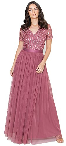 Maya Deluxe Maxi Dress for Women Ladies Bridesmaid V-Neck Plus Size Ball Gown Short Sleeves Long Elegant Empire Waist Vestido de Dama de Honor, Desert Rose, 24 para Mujer