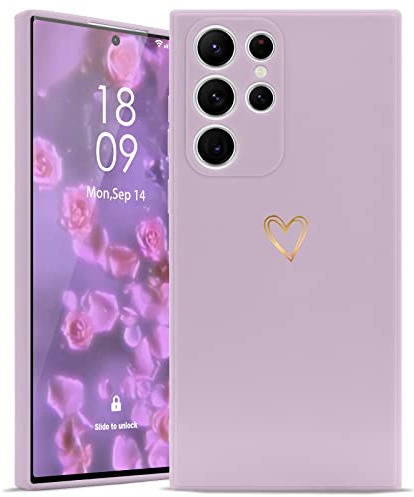 Wirvyuer Kompatibel med Samsung Galaxy S22 Ultra 5G mobiltelefonfodral flicka fodral guld kärlekshjärta mjukt silikonfodral sött guld kärlek smalt stötsäkert skyddsfodral för Samsung S22 Ultra 5G lila
