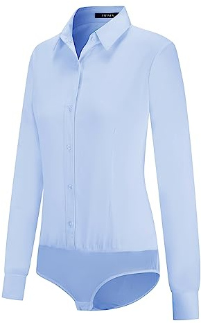 Tapata Womens Bodysuit Blouse Button Down One-Piece Long Sleeve Solid Office Work Shirt Casual Tops, Light Blue, Small