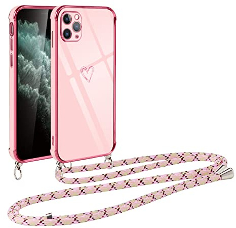 Vauki handyband für iPhone 11 Pro Hülle mit Band, Handyhülle mit Kette, Herz Motiv, Ultra Dünn Stoßfeste Aesthetic Case mit Kordel zum Umhängen für iPhone 11 Pro 5.8 Zoll, Rosa