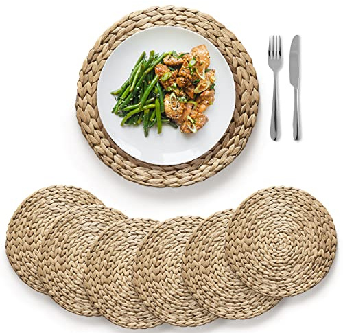 BLUEWEST Woven Placemats (Sizes: 12''–15''), Round Rattan Wicker Mats, Water Hyacinth Braided Set, Heat Resistant & Non-Slip for Dining Plates (13.5'', Set of 6)