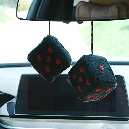 2 Paar Auto Hängend Ornament, Schaukel Fuzzy Plüsch Würfel mit Punkten Auto Rückspiegel Hanging Zubehör Auto Dekoration Charm Anhänger Auto Ornamente Innenspiegel Anhänger - Schwarz Rot 7.5cm