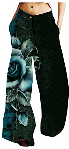 RMBLYfeiye Palazzo Hose Damen Palazzo Hose Damen Elegant Damen Hose Schwarz Low Waist Rose Druck Palazzo Hose Tunnelzug Wide Leg 7/8 Hosen Mit Taschen Elastische Taille Weite Hose Yogahose Damen