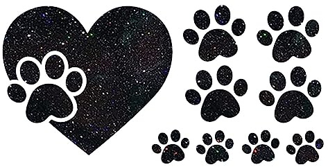 Glitzerdeals Bügelbilder Glitzer Pfote im Herz und kleine Pfoten schwarz Aufbügler für Textilien Karneval Kostüm Pfoten Bügelflicken Fasching Patch zum Aufbügeln