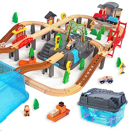 100 Stück Holzeisenbahn und Züge Pack Eisenbahn Anfängerset Kompatibel mit Thomas Passend für Eichhorn Zugset Kleinkinderspielzeug empfohlen ab 3 Jahren