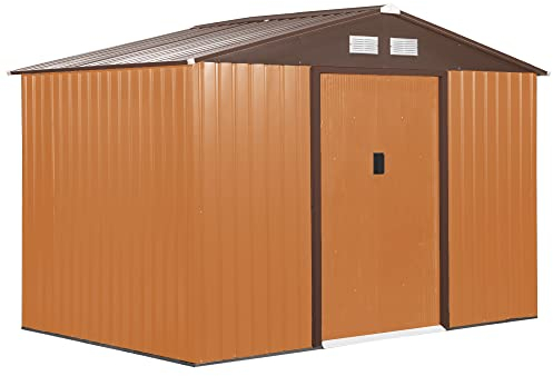 Outsunny Casetta da Giardino 4.9 m² con Fondazione, 4 Prese d'Aria e 2 Porte Scorrevoli, Capanno Porta Attrezzi in Lamiera d'Acciaio, 277x195x192 cm, Giallo