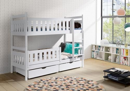 KEF Franek Etagenbett Kinder 160x80 cm - Holz Kinderbett - für Zwei Kinder - Holzbett mit Schubladen - Massivholz Kinder Bett mit Lattenrost - mit Matratze - Weiß - Leiter Rechts