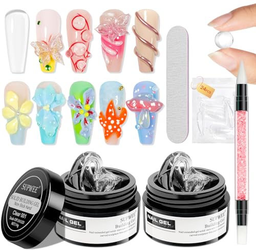 SUPWEE 3D Nagel Gel, 2 Stück Klar 3D Skulptur Gel Carving Extension | Non-Sticky Multifunktionales Solid Nail builder gel für Nägel Mustern Prägung hartes Maniküre 14g