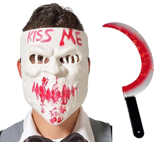 ZZ DISFRAZZES | Disfraz Máscara Purga KISS ME para Halloween, Kit Disfraz Máscara espeluznante para Adultos con Hoz para Halloween y Carnaval