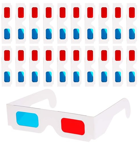 20 Pairs 3D Paper Glasses for Movies, Movie Glasses, 3D Glasses Red and Cyan Lens White Frame Anaglyph Glasses Cardboard for Movies, Folded in Protective Sleeve