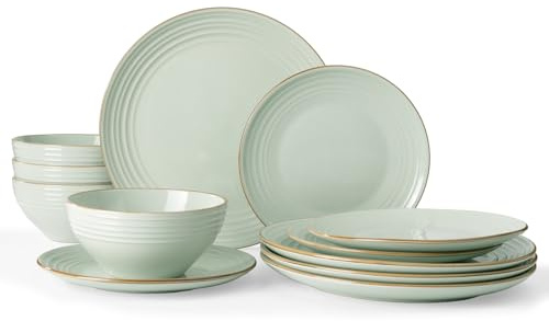 Richmount Jupiter Plates and Bowls Set, Reactive Glaze Dinner Set for 4, 12 Pieces Stoneware with Gold Rim, Scratch Resistant Dinnerware Service for 4, Microwave & Dishwasher Safe, Light Green