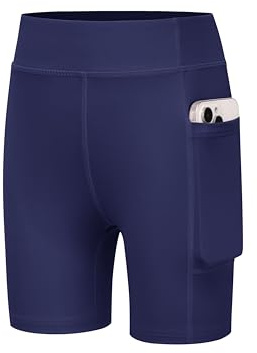 Arshiner flickor shorts sportleggings barn cykelshorts hög midja tights gym shorts med ficka 5-12 år, Mörkblått, 5-6 År