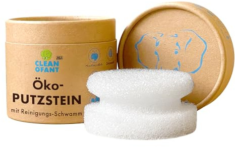 CLEANOFANT Öko Putzstein Set - Universalreiniger 300 g mit Schwamm | 99% Natürlich & Biologisch abbaubar - Lebensmittelecht - In Papier-Dose - Für Haushalt, Wohnwagen & Sneaker - Made in Germany