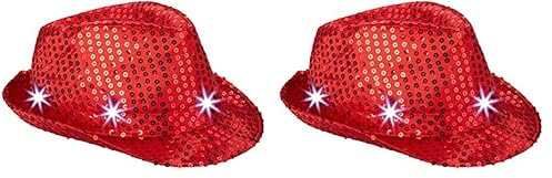 Relaxdays 10023897_47 Pailletten Hut, 6 blinkende LEDs, mit Glitzer, Männer & Frauen, JGA, Fasching, Partyhut, Einheitsgröße, rot, Unisex – Erwachsene (Packung mit 2)