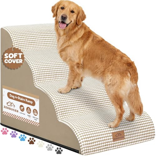 Zerbuger Dog Ramp and Stair for Bed 16 H-20 H,3-Step Cat Stair for Sofa and Chair,4-Step Dog Ramp for High Bed and Window,Durable Nonslip Fabric Cover for Indoor (Beige-20 H, Pet Friendly, 4)
