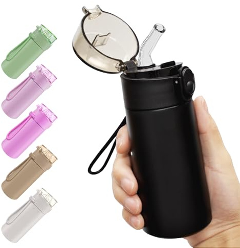 AMFUN 150 ml drickflaska i rostfritt stål, 304 rostfritt stål vattenflaska med handtag, mini dubbelväggig termosflaska, bärbar vakuumflaska för sport, skola, utomhus (svart)