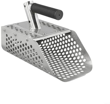 FUBESK Pala de arena de acero inoxidable con mango desmontable para detección de metales - Herramienta de caza del tesoro de playa con piscina larga y agujeros de drenaje (A)