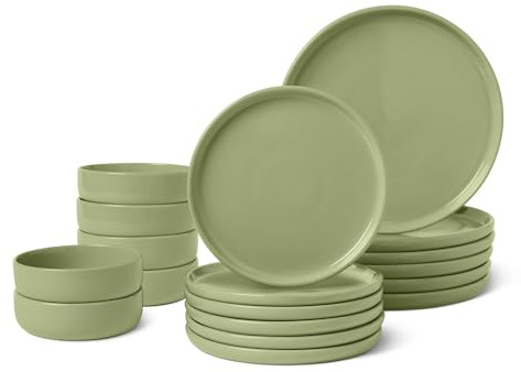 Amazon Basics Service à Vaisselle en Grès Émaillé, Lot de 18 Pièces, 6 Couverts Complets, Compatible Lave-Vaisselle, Couleur Olive