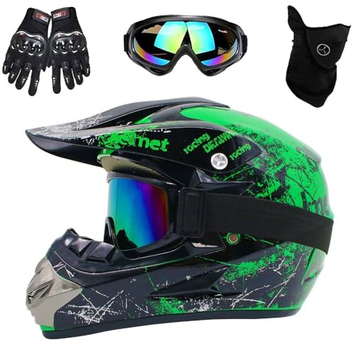 Motorrad-Motocrosshelm für Kinder und Erwachsene, 5 Stile, Integralhelm für MTB mit Schutzbrille, Handschuhen und Maske, herausnehmbarem Futter, DOT-geprüft(F2,S(52-53cm))