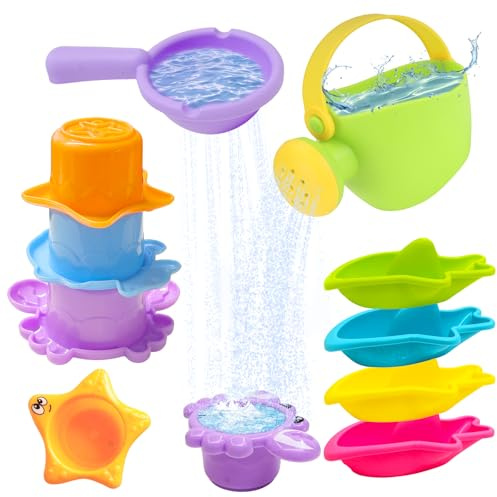 Baby Bath Toys for 1 Year Old, Toddler Bath Toys for 1 2 3 4 Year Olds | Water Play Toys Paddling Pool Toys, Swimming Pool Toys with Watering Can Spoons Bath Boats Stacking Cups for Boys Girls