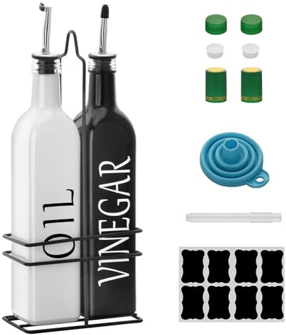 Farmhouse Oil and Vinegar Dispenser Set, 17 oz, beautiful (White Black) olive oil dispenser, includes a black steel rack and a funnel, vintage cruets for vinegar and oil
