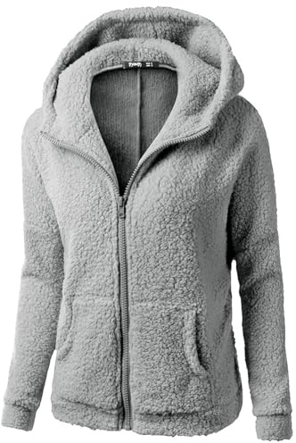 Plyschjacka dam elegant huvtröja dam, teddyfleece ledig mode sweatshirt övergång varm softshelljacka med huva och fickor vinterjacka dragkedja mjuk höstjacka oversize gosig jacka, Ljusgrå, M
