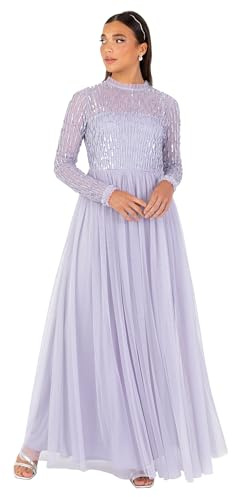 Women's Maxi Dress Ladies Modest High Neck Long Sleeve Tulle Sequin Embellished A-line Wedding Guest Bridesmaid Prom