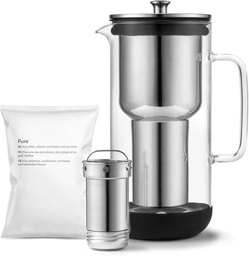 Purifier, Caraffa Filtrante Brevettata in Vetro e Acciaio Inox, 2.4L, Sacchetto di ricarica del filtro